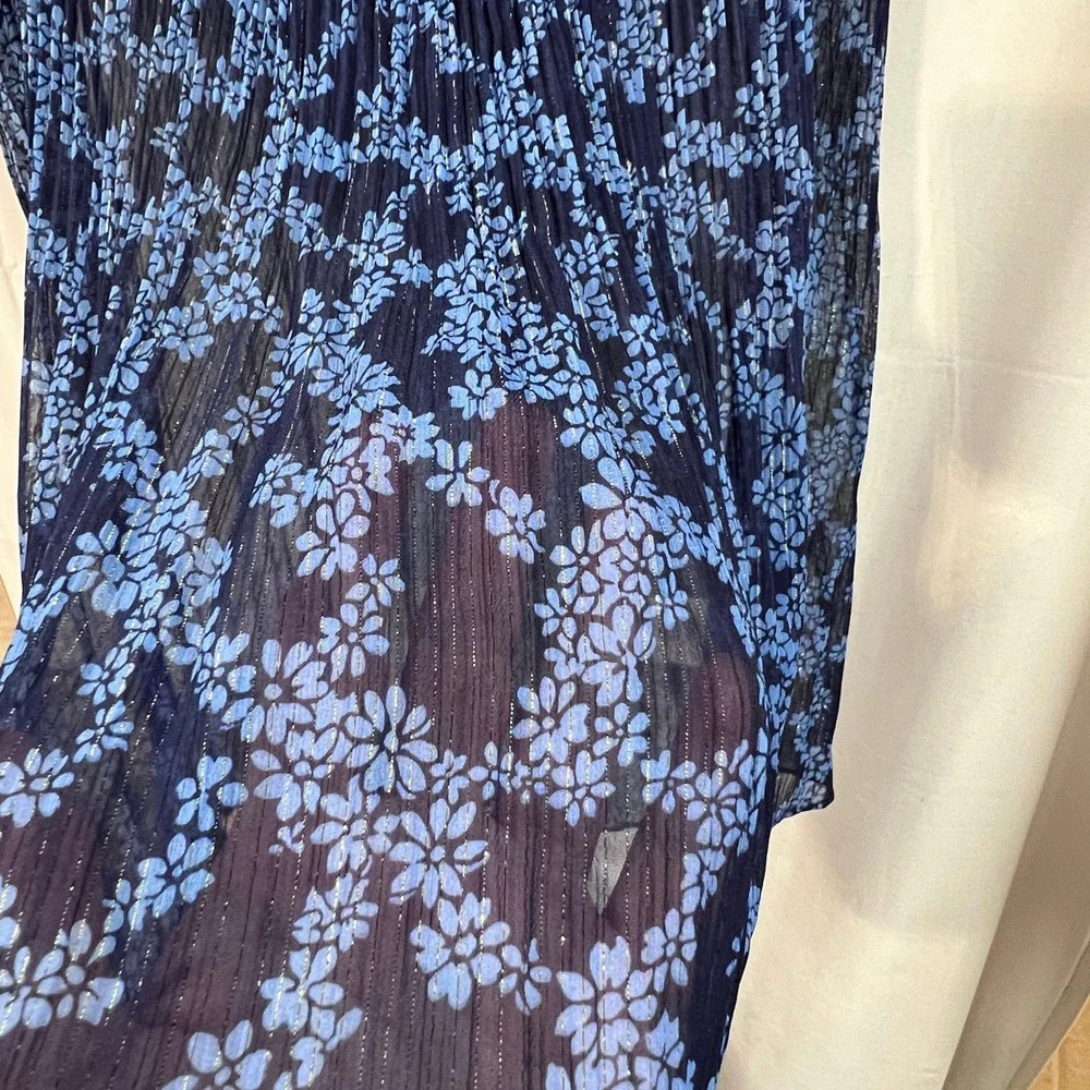 Michael Kors Navy Blue Floral Off Shoulder Sheer Pleated Metallic Blouse Large
